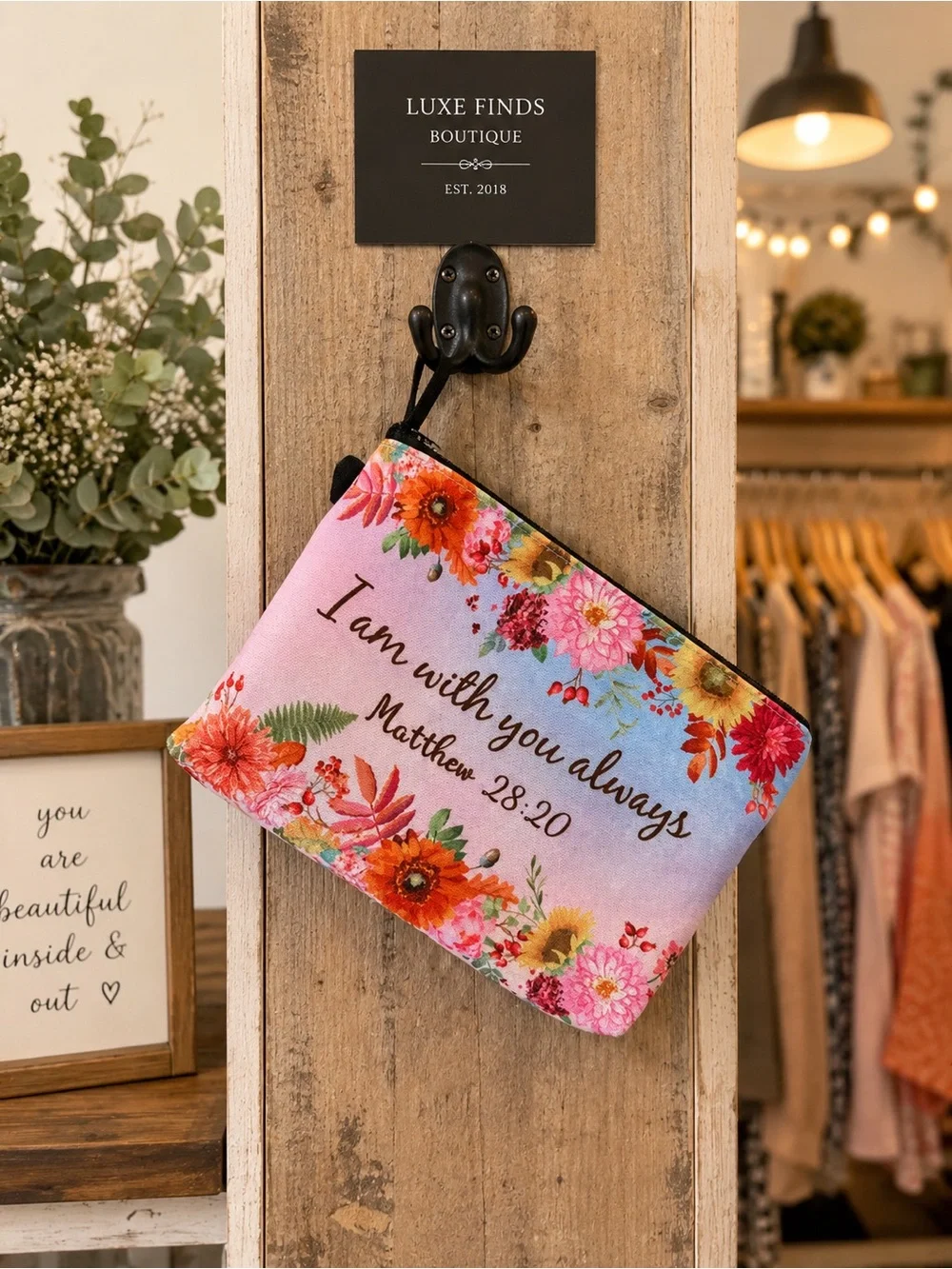 🔥 2/20: Dual Sided Floral 'I Am With You Always' Zip Biblical Christian Pouch